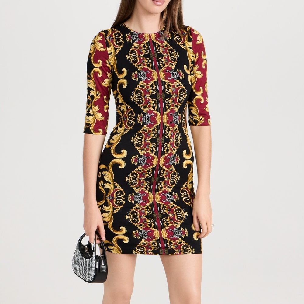 Alice + Olivia Delora Fitted Crew Neck Mini Dress in Regal Romance Bordeaux 6
